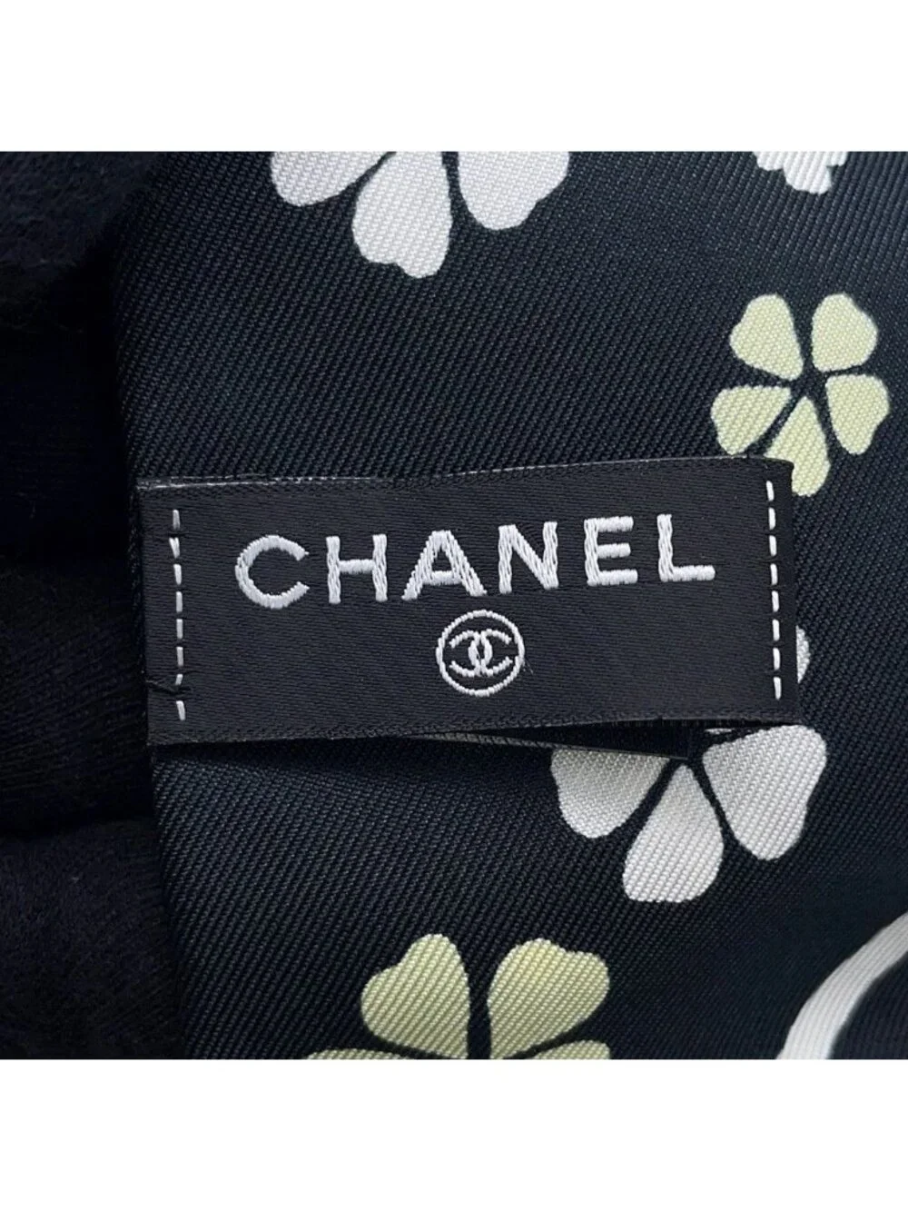 Chanel 26B Scarf CC Logo Flower Silk Black White